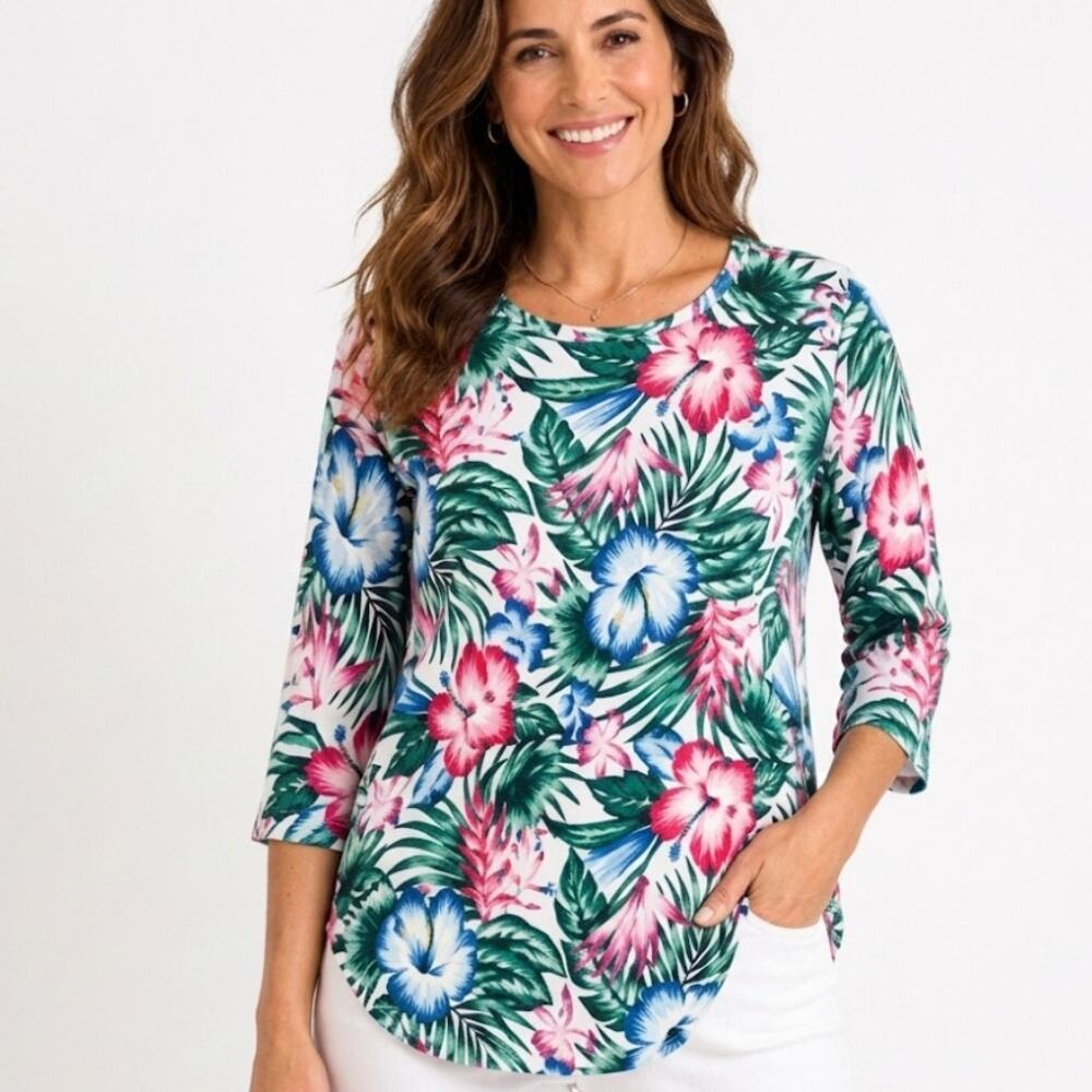 Tommy Bahama Ashby Isles Tee Womens Medium Tropical Floral 3/4 Sleeve Knit Top